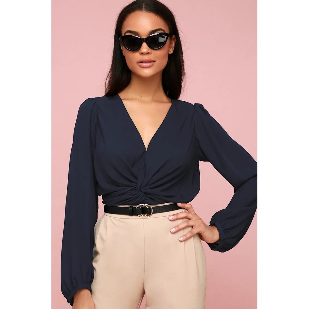 Fab'rik Rilla Twist Front Long Sleeve Blouse Women S Navy Blue V-Neck Cropped